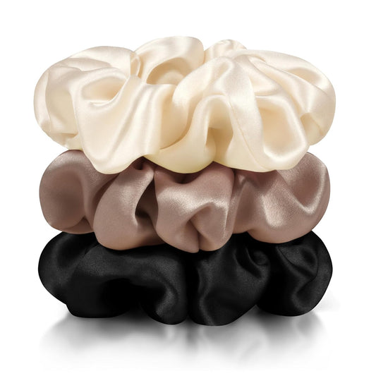 Zenssia Silk Scrunchies for Hair, Mulberry Silk Hair Ties for Women and Girls, No Damage Elastic Ponytail Holders（Black, 3 Pack）