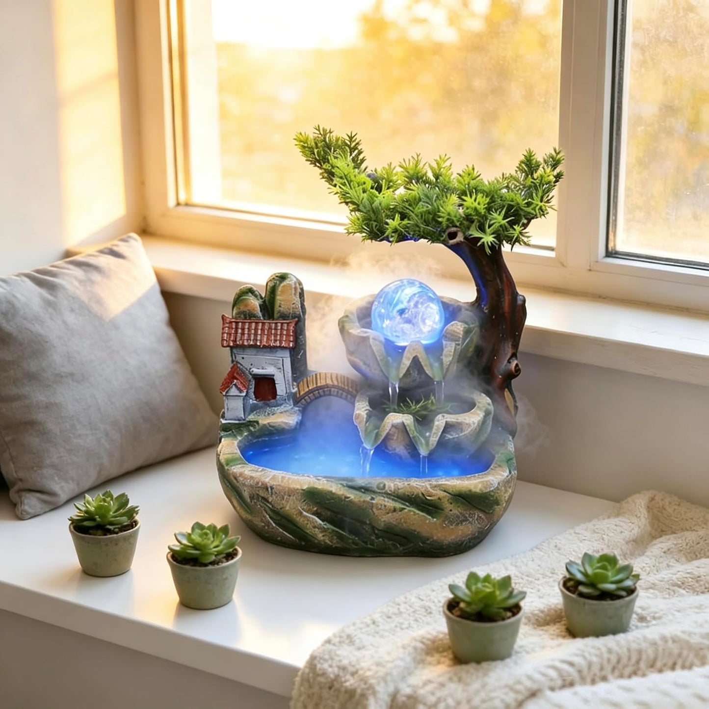Mini Artificial Bonsai Tree Waterfall Fog Feature Rock Tabletop Fountain | 11in Desktop Decor Waterfall Fountain W/ Water Pump& Atomizer&LED Lights &Fake Tree Office Bedroom Relax