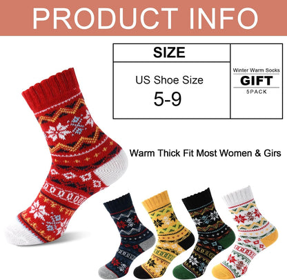 YANGYANG 5 Pairs Winter Warm Thick Crew Knit Socks for Women, Christmas Gifts, Stocking Stuffers