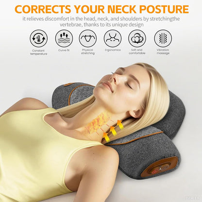 3-in-1 Neck Massager Pillow, Neck Massager for Pain Relief Deep Tissue, Massage Pillow with Heat, Vibration & Airbag Traction, 3D Ergonomic Cervical Hump Corrector Massage for Home Office
