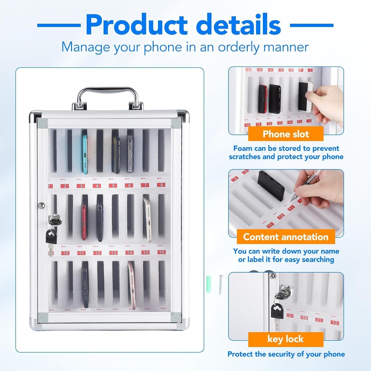 24 Slots Cell Phone Locker, Aluminum Alloy Portable Phone Storage Cabinet, Wall-Mounted Lock Box with Handle for Classroom Office Employees