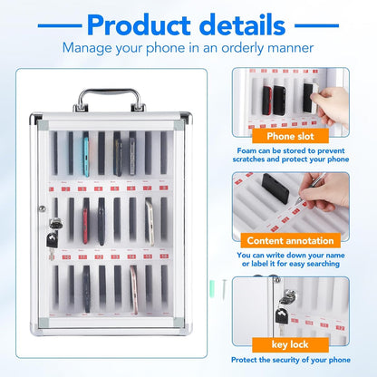 24 Slots Cell Phone Locker, Aluminum Alloy Portable Phone Storage Cabinet, Wall-Mounted Lock Box with Handle for Classroom Office Employees