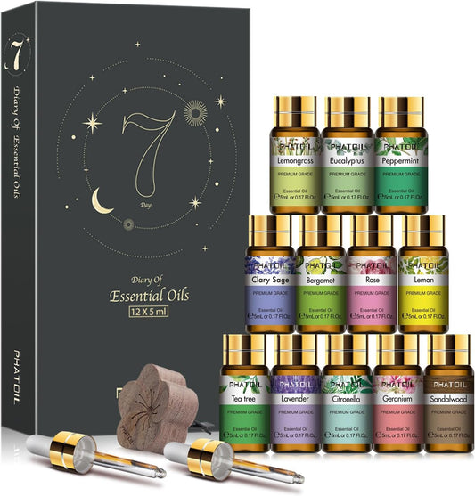 PHATOIL 15PCS Essential Oils Gift Set - Premium Quality 100% Natural Pure Essential Oils for Aromatherapy Diffuser Yoga Home Office Soap Candle Making- 5ml/Bottle