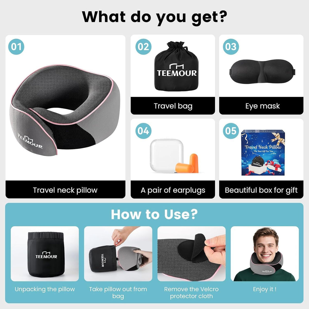 Travel Pillow Neck Pillow for Airplane Travel Essentials - Memory Foam Travel Neck Pillow, Stops Head Bobbing With Eye Mask & Earplugs, Portable Carry Bag for Long Flights| Airplane Accessories Black