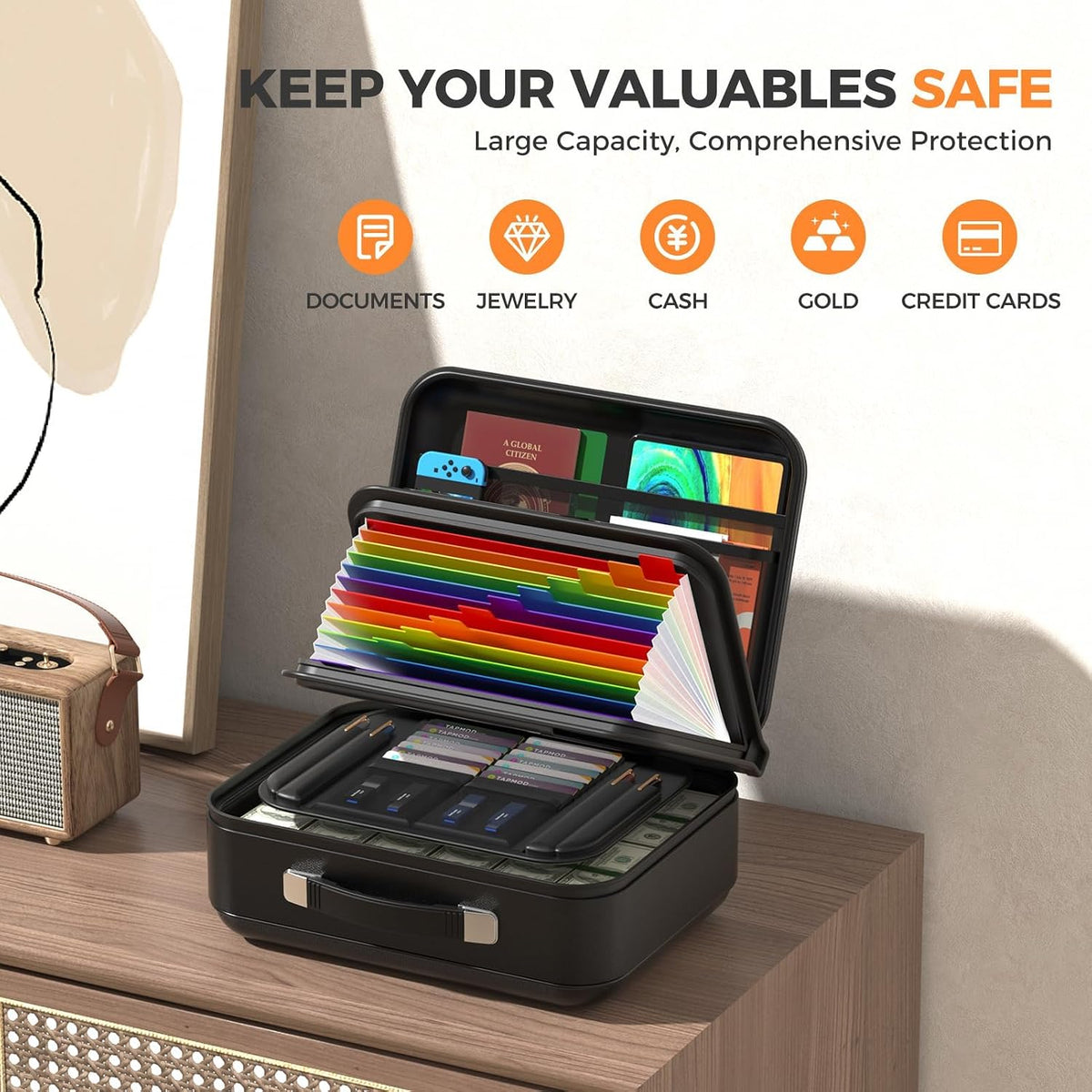 Fireproof Document Box, Waterproof Safe Box with Combination Lock