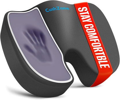 CushZone Seat Cushion - Memory Foam Office Chair Cushion for Sciatica, Tailbone & Back Pain Relief - Orthopedic Coccyx Pillow for Car, Airplane, Pregnancy & Long Sitting at Work, Black