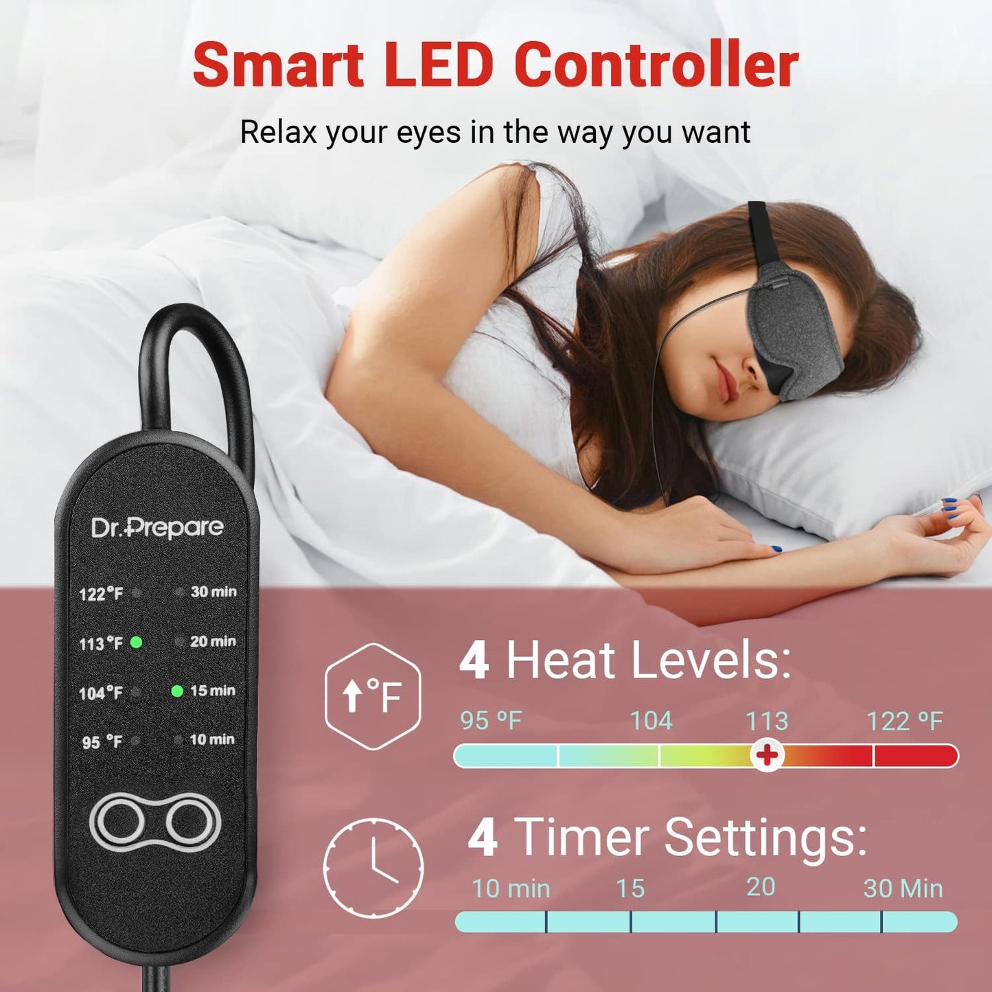 DR.PREPARE Heated Eye Mask With Temperature & Timer Control, USB Warm Compress for Dry Eyes, Sleep, Blepharitis, Dark Circles, MGD and Puffy Eyes - Earplugs Included