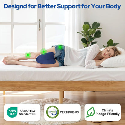 Knee Pillow for Side Sleepers, Leg Pillow for Side Sleeping, Heart-Shape Memory Foam Knee Wedge Pillow, Leg Elevating Pillow for Knees, Hip, Joints, Between Legs, Blue
