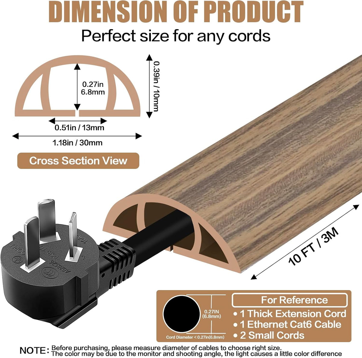 Floor Cord Cover Self Adhesive Cord Hider,10FT Cable Management, Extension Strip Protector for Wires, Prevent Cable Trips for Offices, Gyms, Exhibitions Cavity 0.39"(W) x 0.27"(H) BrownWood
