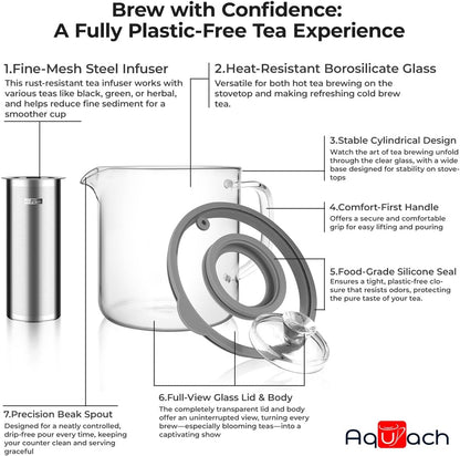 Aquach 68oz Glass Tea Pot with Infuser, Stovetop Safe Borosilicate Teapot | Dishwasher Safe, Plastic-free, Large Family Capacity, Easy-clean Opening, Loose Leaf Filter