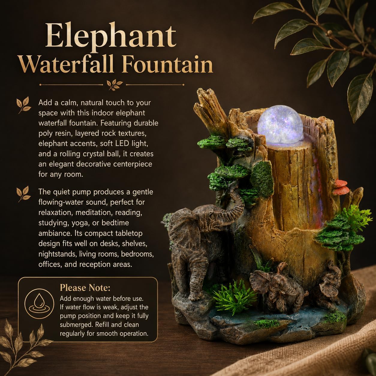 Indoor Tabletop Water Fountain with LED Light, Resin Rock-Look Waterfall Decor, Feng Shui Inspired Zen Fountain for Desk, Office, Bedroom, Living Room & Meditation Space (9" Cascading Rock)