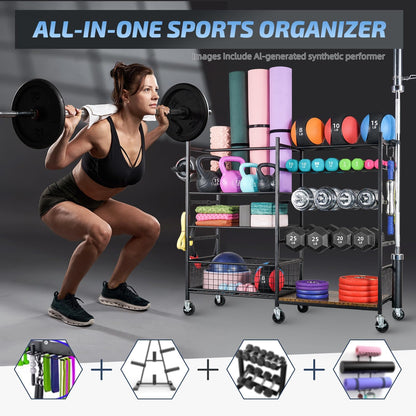 PLKOW Dumbbell Rack, Weight Rack for Dumbbells, Home Gym Storage for Dumbbells Kettlebells Yoga Mat and Balls, All in One Workout Storage with Wheels and Hooks, Powder Coated Finish Steel