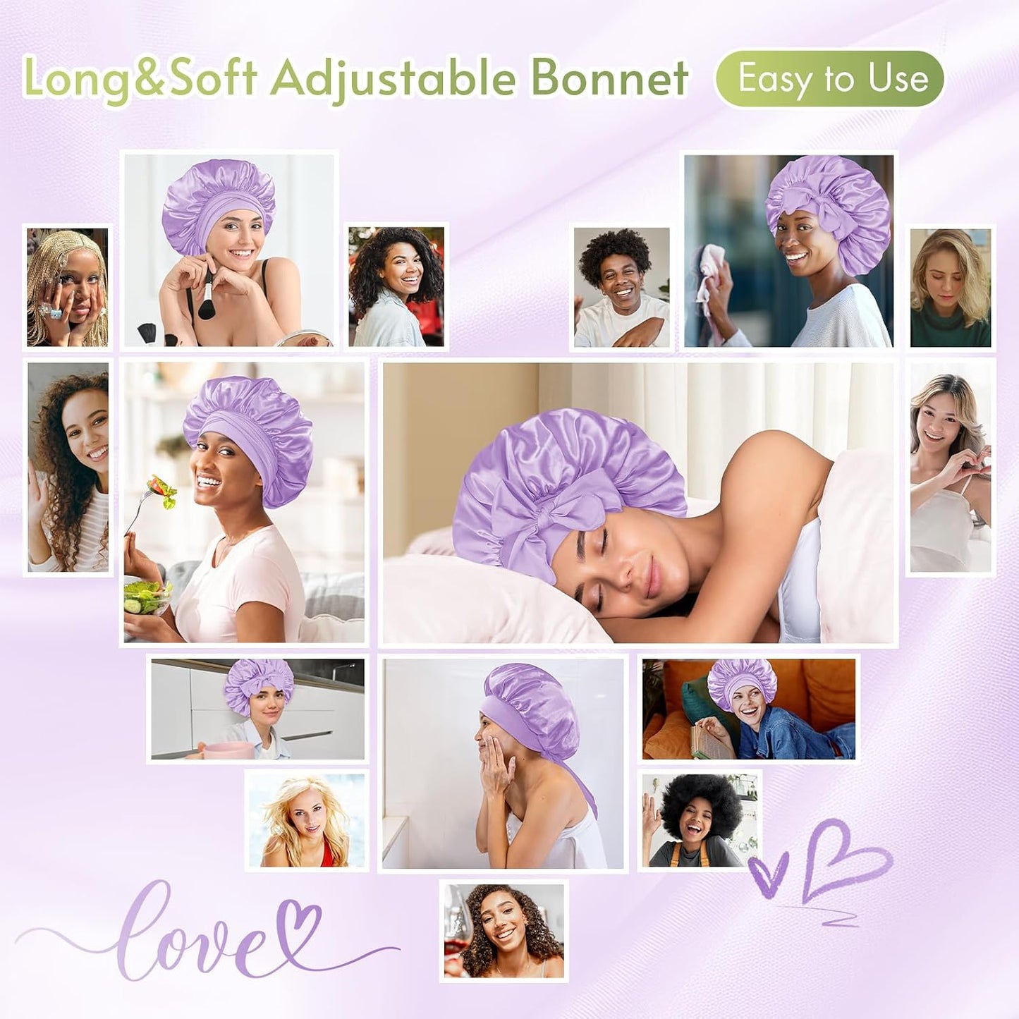 BONNET QUEEN Silk Bonnet for Sleeping for Women Satin Bonnet Night Cap for Curly Hair with Tie Band, Single Layer, Cream Pink
