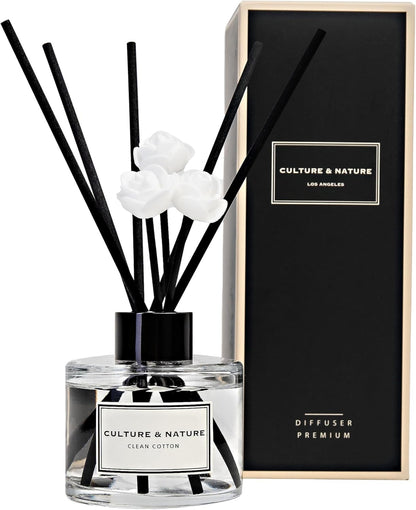 CULTURE & NATURE Reed Diffuser Set 4oz (120ml) Clean Cotton Scented Diffuser with Sticks Home Fragrance Reed Diffuser for Bathroom Shelf Decor