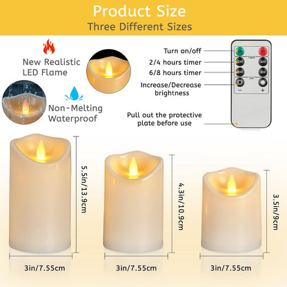 Flameless Candles 4" 5" 6" Set of 3 Outdoor Indoor Ivory Pillars Battery Operated Flickering Candles with Cozy Climbing Flame Effect, 8-Key Remote Timer, Plastic LED Candles for Wedding Decor