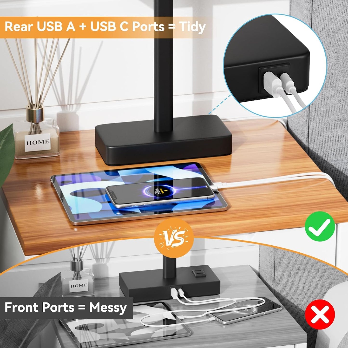 Hong-in Touch Lamps for Bedroom - 3-Way Dimmable Bedside Lamps Set of 2 with USB C+A, Grey Modern Table Lamp for Night Stands, Desk Lamp for Living Room Nightstand End Tables Bed Side