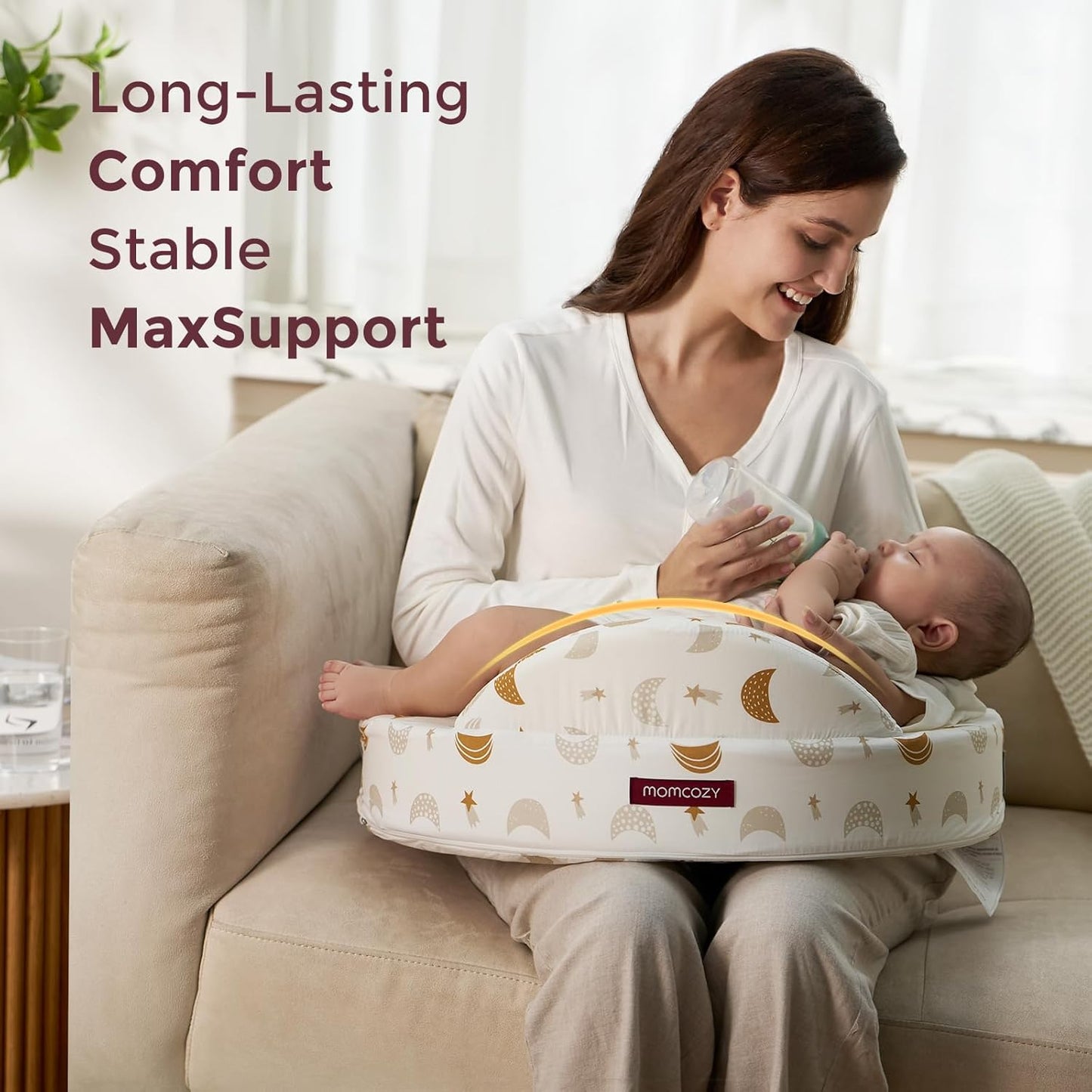 Momcozy CozyPro Nursing Pillow - All Around Lumbar & Arm Support - Safety Guard, Firm & Springy Memory Foam-Stable, Ergonomic Support, Easier Breastfeeding, Wider Cushion, Adjustable, Removable Cover