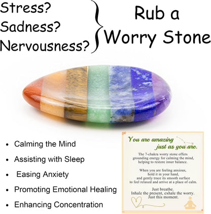 Worry Stone Crystals and Healing Stones Anxiety Fidgets Natural Meditation Accessories 7 Chakra Thumb Sensory Mental Health Depression Stress Anxiety Relief Items Mother's Day Gifts for Women