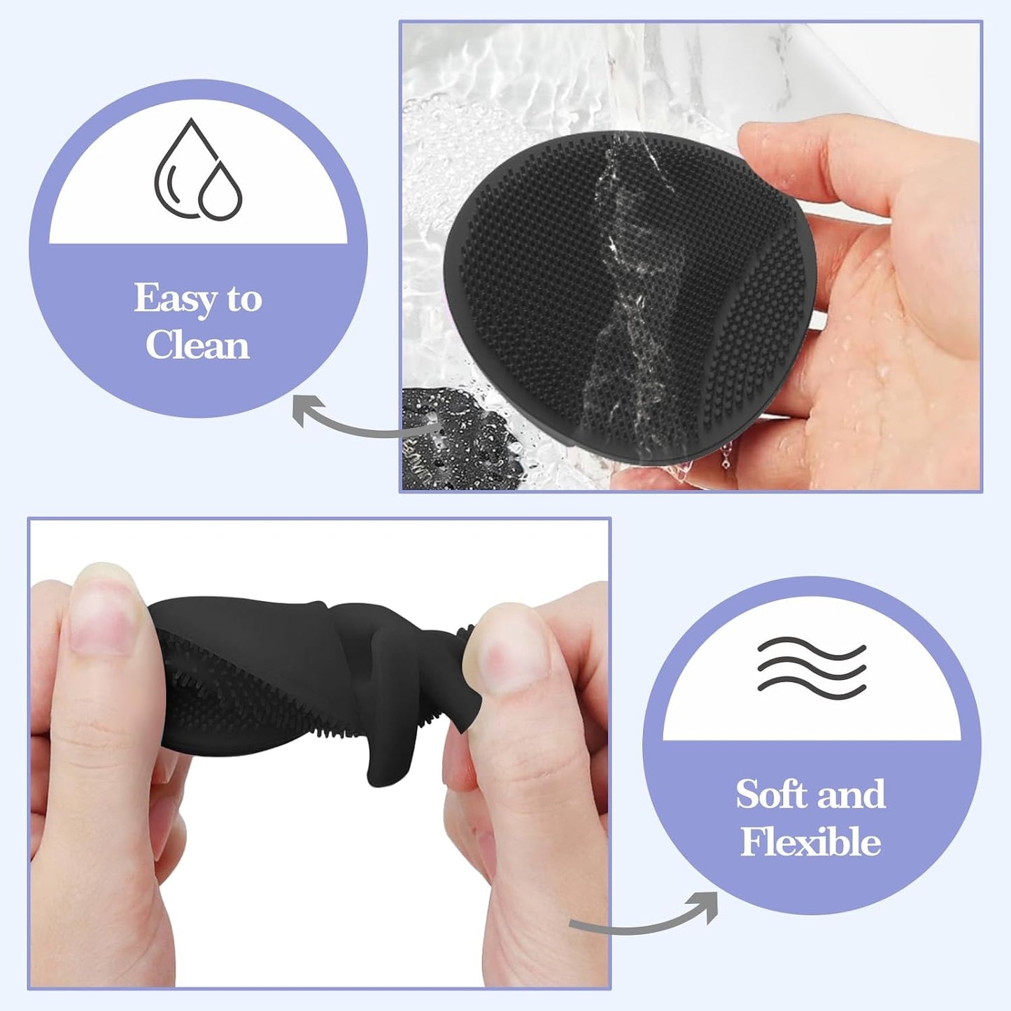 Manmihealth Silicone Back Scrubber (Thick Bristles) & Bath Glove & Face Brush Set (3PCS), Super-Exfoliating & Lathering Body Scrubber, Shower Brush, Face Scrubber Combination, with a Free Hook (Black)