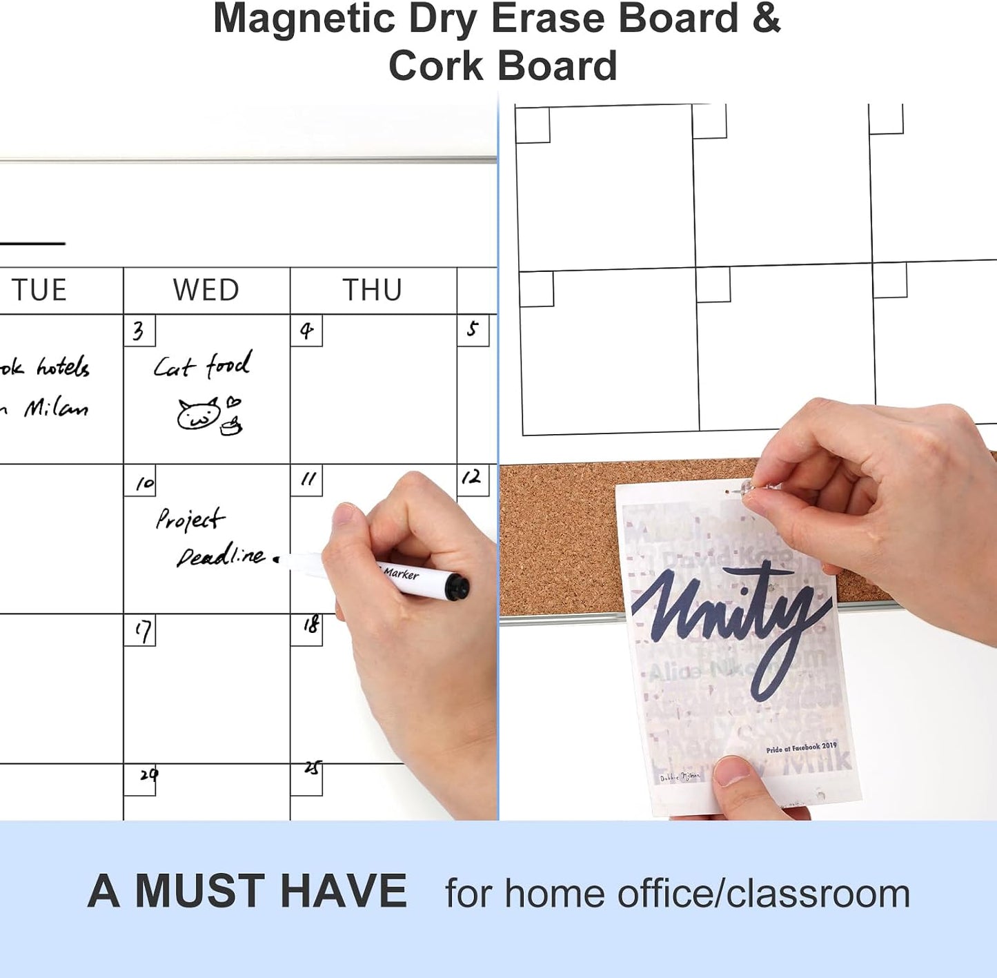 ARCOBIS Dry Erase Calendar with Cork Board for Wall, 24"x 18" Magnetic Calendar Whiteboard with Black Frame, Monthly Combination Board for School, Home, Office