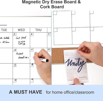 ARCOBIS Dry Erase Calendar with Cork Board for Wall, 24"x 18" Magnetic Calendar Whiteboard with Black Frame, Monthly Combination Board for School, Home, Office