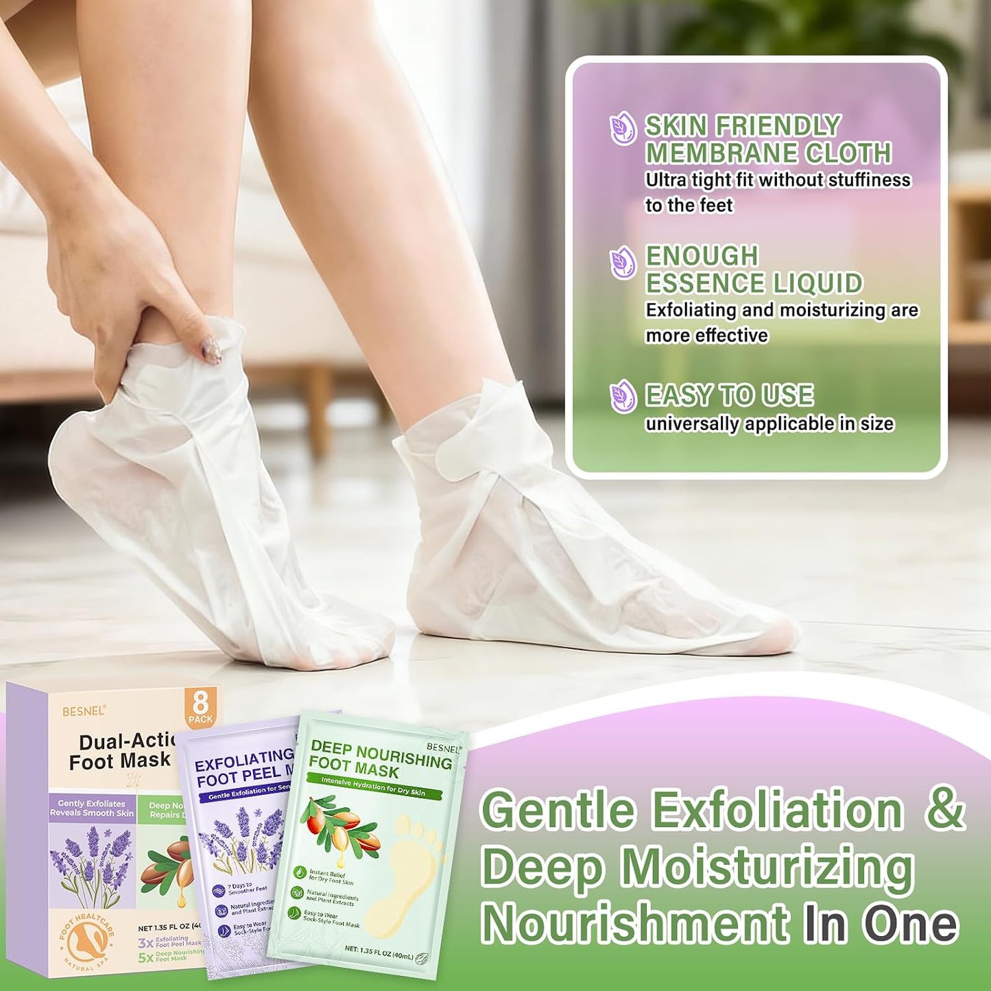 BESNEL 8Pack Moisturizing＆Foot Peeling Foot Mask, Teacher Appreciation Gifts, Hydrating Foot Masks Dry Cracked Feet, Soothing Moisturizer Socks Repair Rough Heels＆Baby Soft Feet(8Pack)