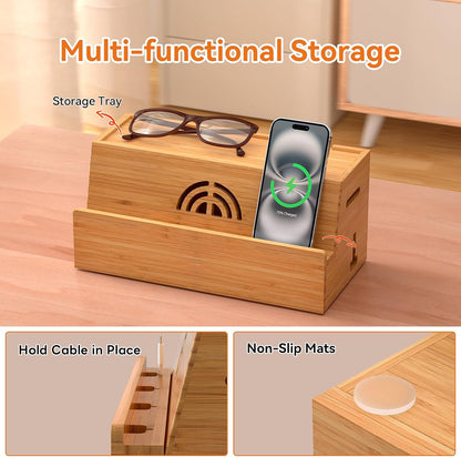 Bamboo Cable Management Box, White, 31X14X15.5CM