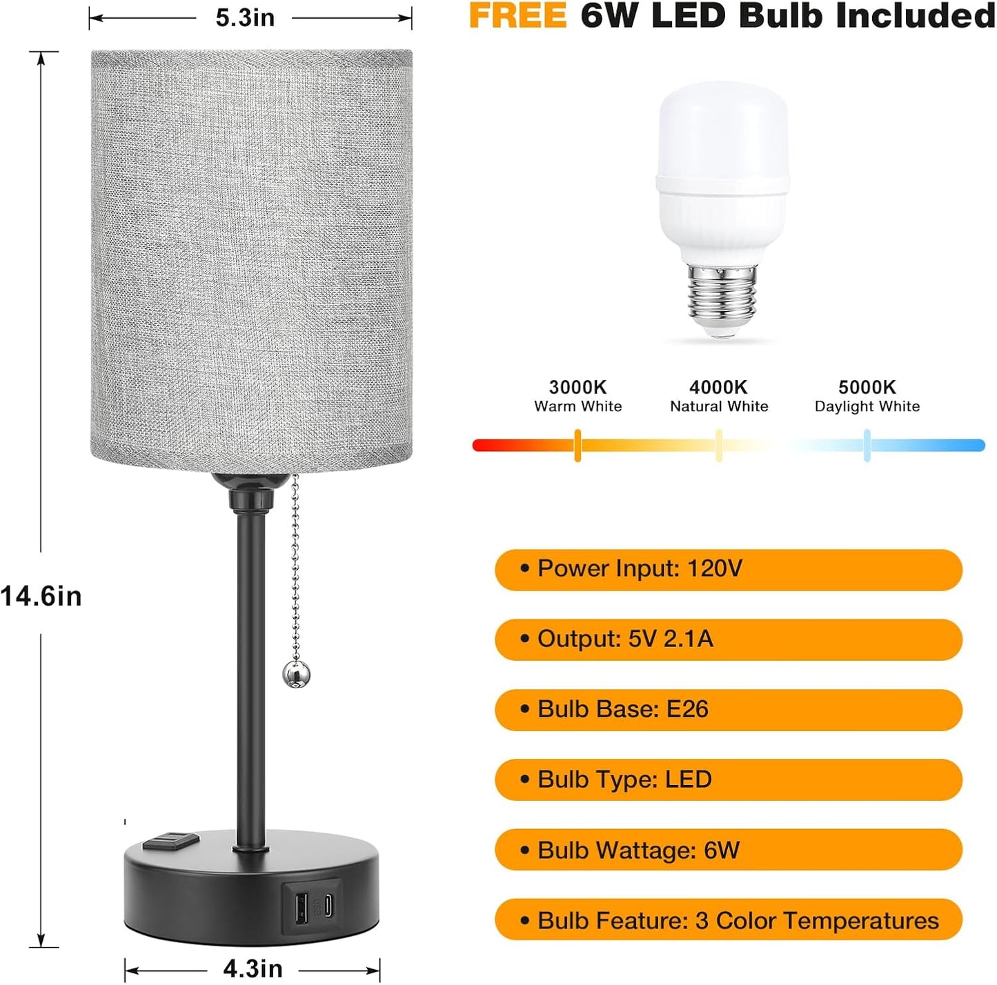Small Bedside Table lamp for Bedroom - 3 Color Temperatures Bedside Lamps with USB C and A Ports, Pull Chain Table Lamps with AC Outlet, White Nightstand Lamps with Black Metal Base for Kids Reading