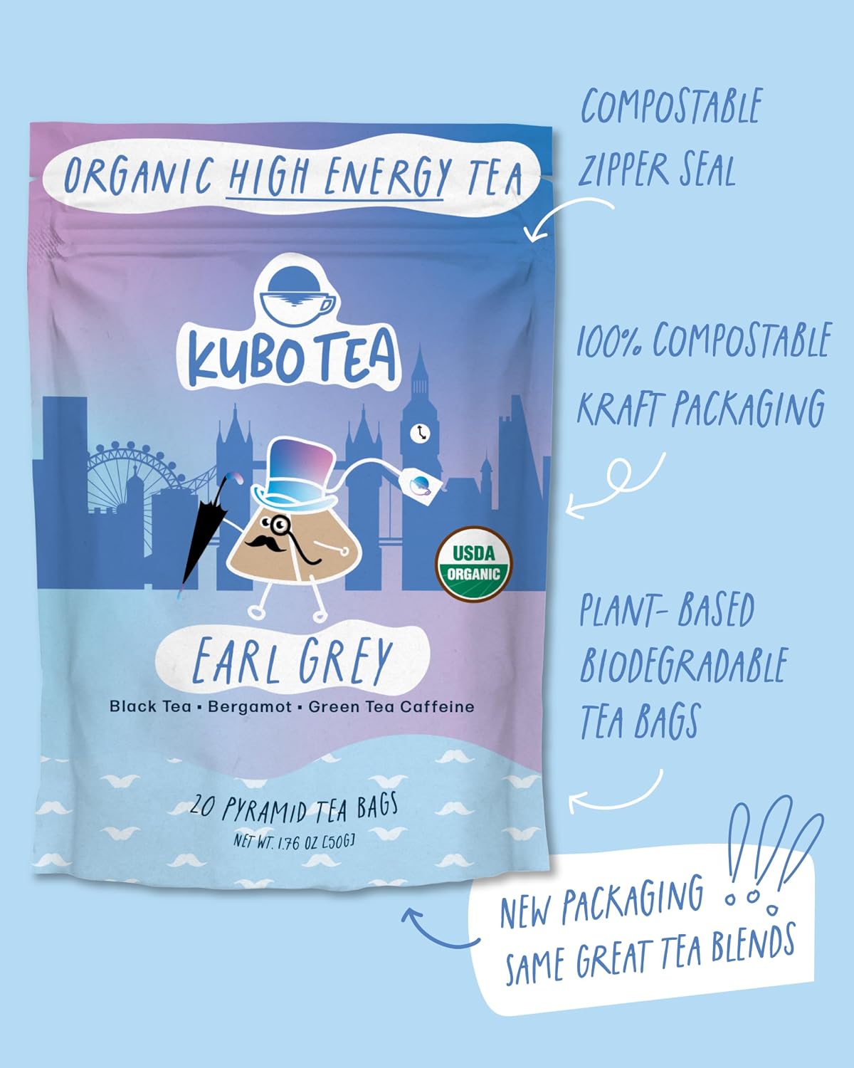 Kubo Earl Grey Black Tea, Organic High Caffeine Energy Tea Bags- 20 Ct