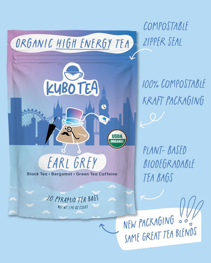 Kubo Earl Grey Black Tea, Organic High Caffeine Energy Tea Bags- 20 Ct