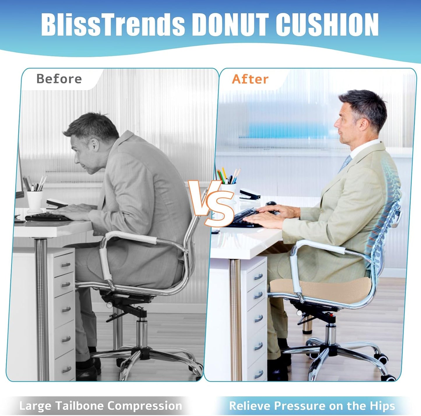 BlissTrends Donut Pillow Seat Cushion,Donut Chair Cushions for Postpartum Pregnancy & Hemorrhoids,Tailbone Pain Relief Cushion,Memory Foam Lifting Cushions for Office&Home Chairs (Black)
