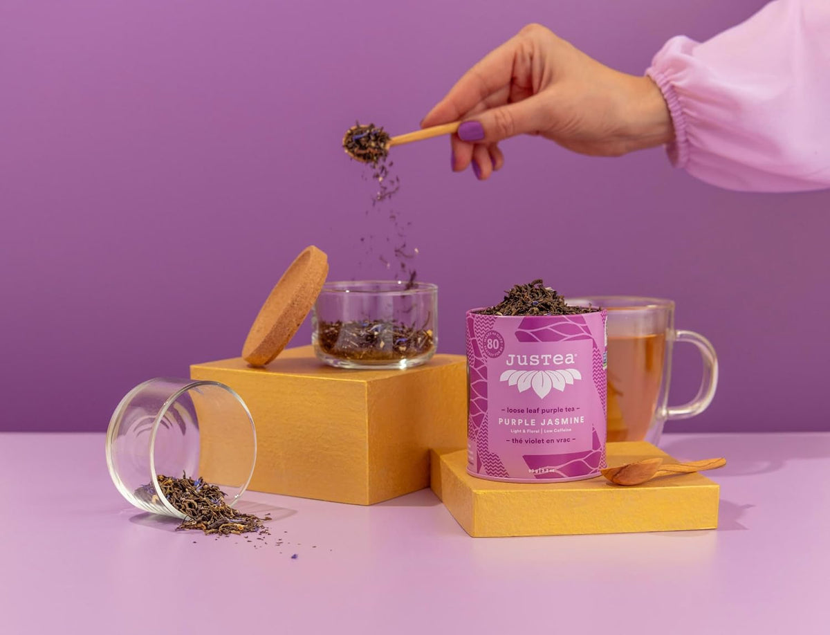 JusTea PURPLE JASMINE Loose Purple Tea, 40+ Cups Tin + Spoon, 2/5 Caffeine