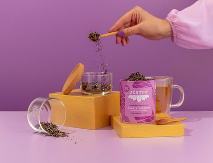 JusTea PURPLE JASMINE Loose Purple Tea, 40+ Cups Tin + Spoon, 2/5 Caffeine
