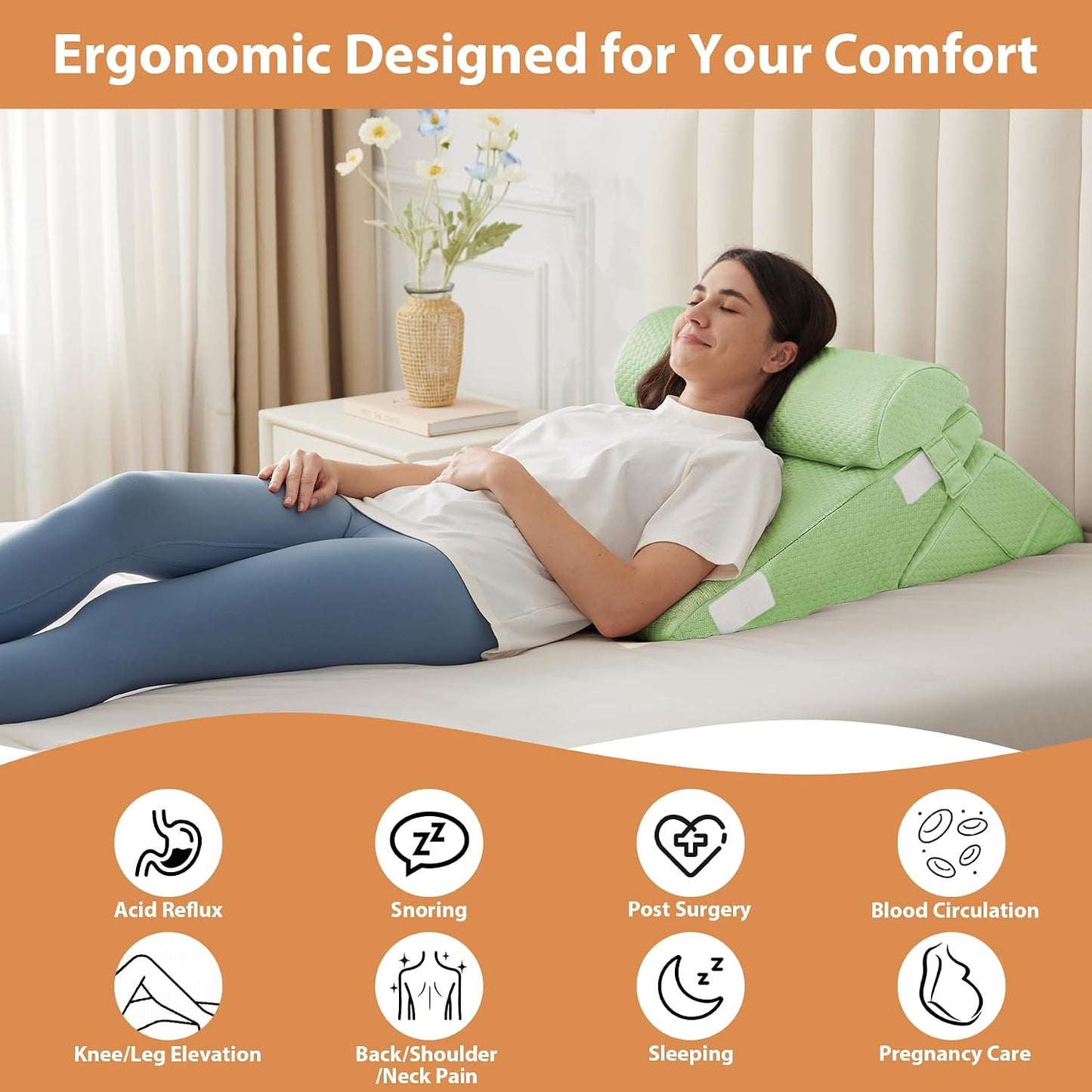 BIEEZZK Wedge Pillow Set for After Surgery, Wedge Pillow for Acid Reflux, Bed Wedge Pillow with Adjustable 9&12inch for Headboard,Sleeping, Orthopedic Memory Foam for Neck&Back Support, White/Grey