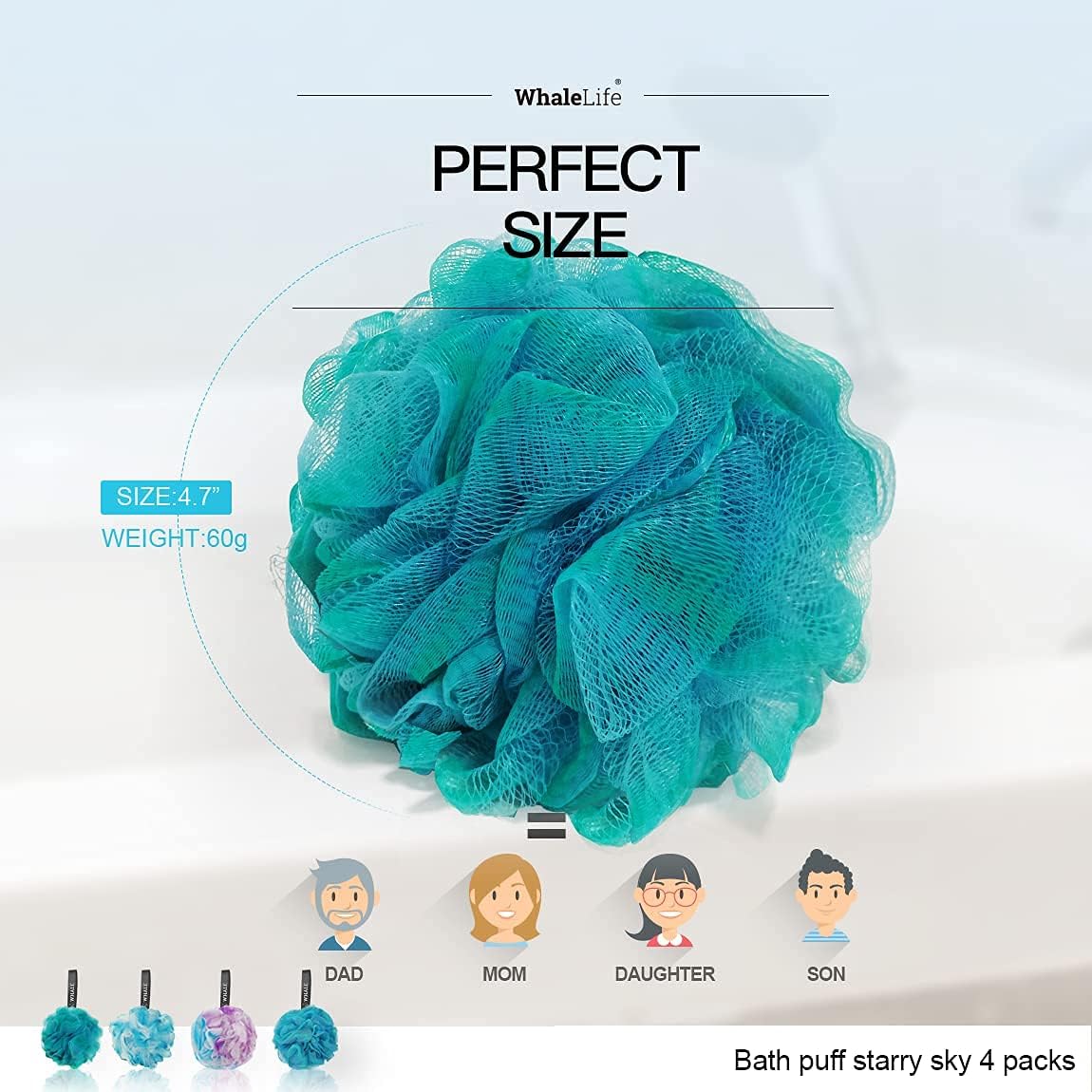WhaleLife Loofah Bath Sponges - Black Gentle Exfoliating Shower Loofah for Rich Lather, Durable Mesh Body Scrubber for Men & Women 4 Pack