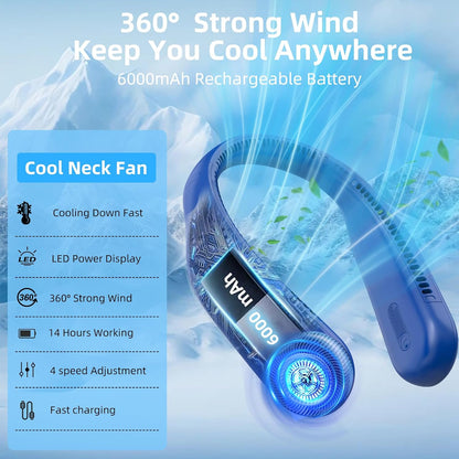 Portable Neck Fan, Personal Wearable Bladeless Fan, 6000mAh USB Rechargeable, 360° Airflow, LED Display, 4-Speeds, Hands Free Fan for Outdoor Indoor, Birthday Gifts for Men Women Dad Mom (Black)
