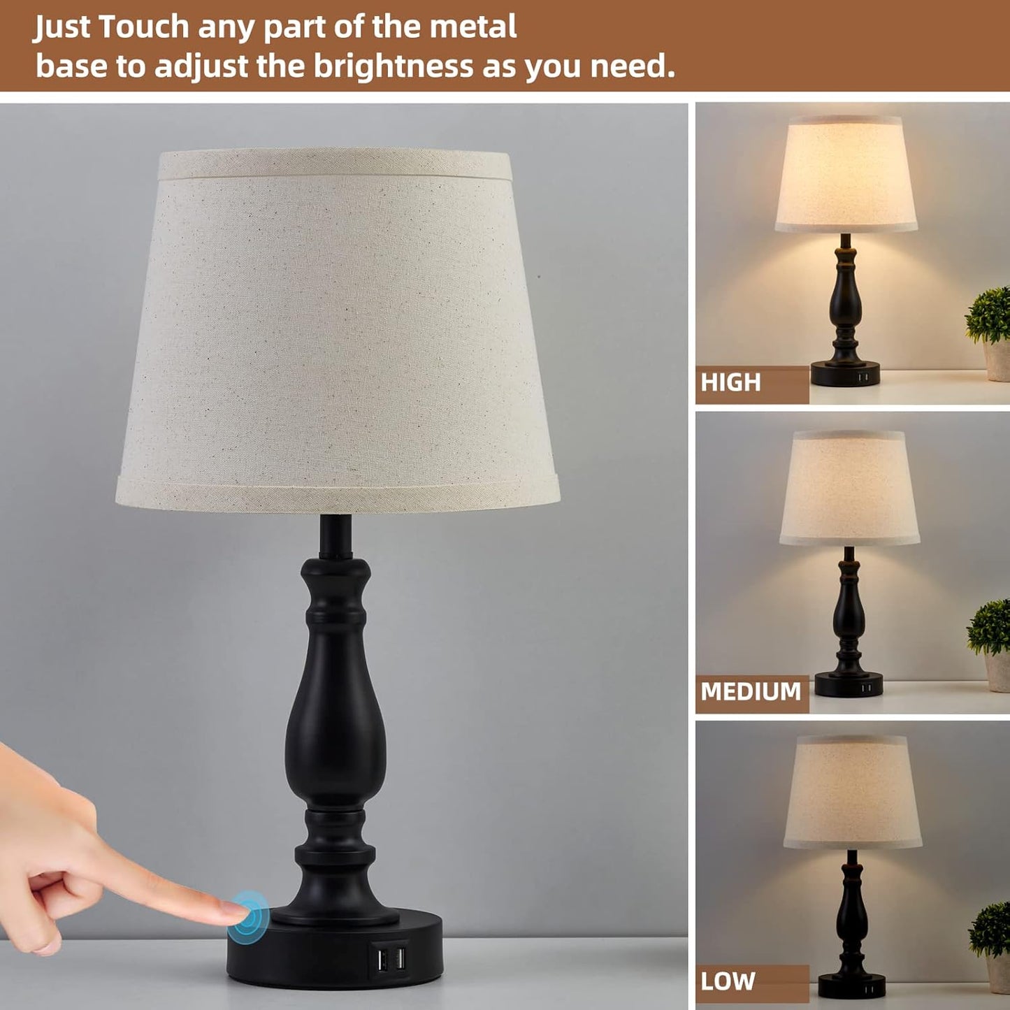 EJIAXIN Lamps for Bedrooms Set of 2, Brushed Nickel Bedside Lamps with USB C+A Ports,Dimmable Nightstand Lamps with Fabric Lampshade, Touch Table Lamp for Living Room Bedroom Office, Bulbs Included