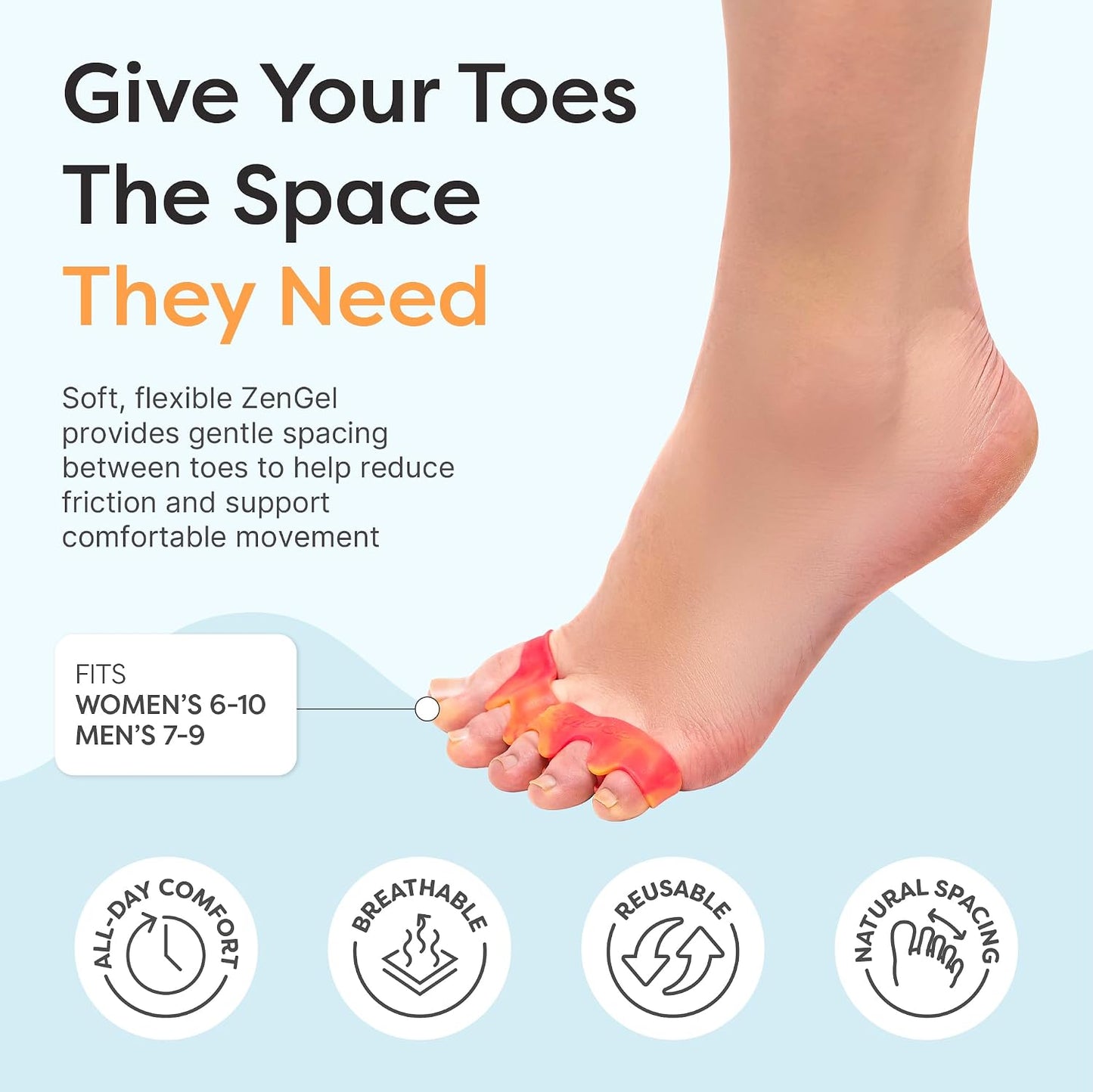 ZenToes Silicone Toe Spacers and Separators for Correct Toe Alignment, Bunion Relief, Hammertoe Straightener, Gel Orthopedic Corrector – 1 Pair (Black)