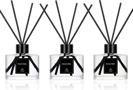 Reed Diffuser Set of 3 for Bathroom Air Fresheners, Oil Diffuser Sticks | Fresh Linen, Ocean, Eucalyptus & Mint Scent(1.7 fl oz Each Pack) Fragrance with 12 Sticks Defusers | Shelf Decor