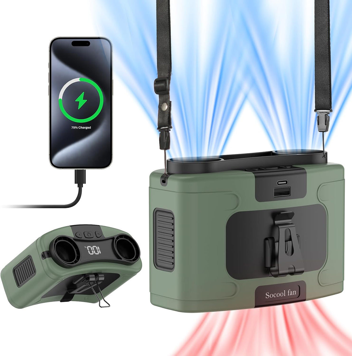Socool 10000mAh Portable Waist Fan Clip on Wearable Belt Personal Fans Rechargeable Battery Operated, 20H Cooling with 10 Speeds & Dual Motors,Neck Hanging Hands-Free for Outdoor Travel Power Bank