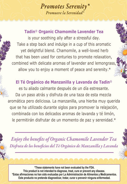 Tadin Organic Chamomile Lavender Tea, Caffeine Free Herbal Tea to Promote Serenity, 20 Tea Bags Per Box, Pack of 6