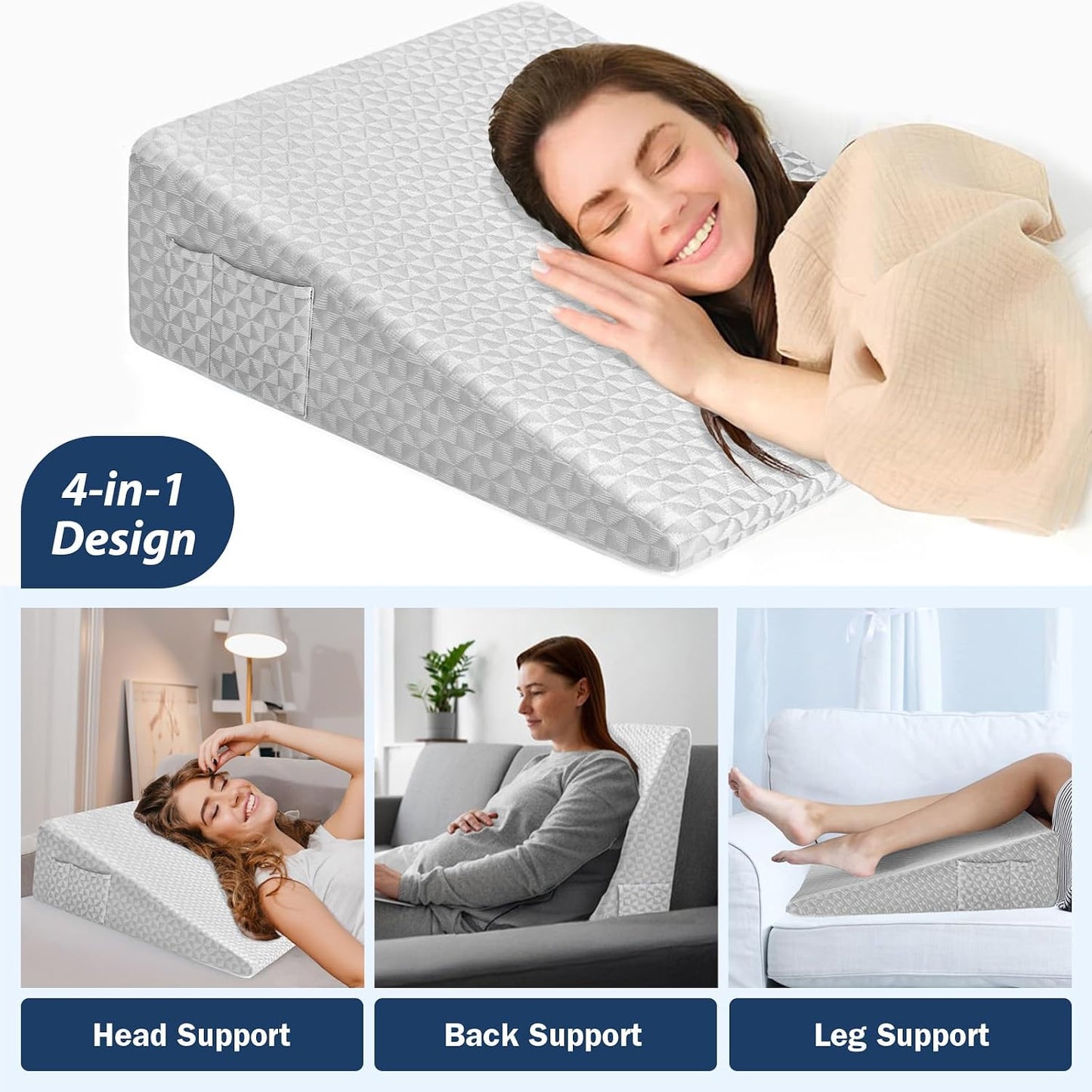Wedge Pillow for Sleeping, 7.5" Bed Wedge After Surgery, Back Pain Relief, Memory Foam Pillow Triangle Incline Wedge for Back Support, Leg Elevation