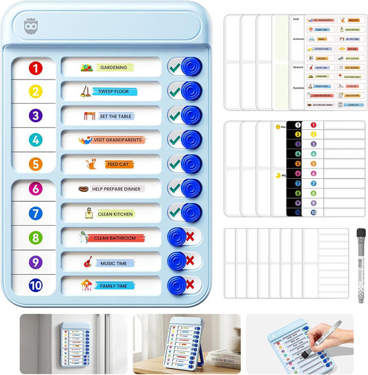 Magnetic Chore Chart Board with Sliders, 19 Personalizable Sheets and Marker, Visual Schedule ADHD Tools Chore Chart for Multiple Kids, Routine Checklist Dry Erase Board for Habit Tracker - Blue