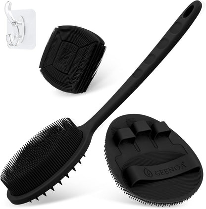 Silicone Back Scrubber & Bath Glove Set 2PCS, 13.4'' Gentle Shower Back Scrubber with Dual-Side Head Non-Slip Handle, 360° Anti-Slip Hand-fit Bath Glove for Rich Foaming Deep Cleaning(Black)