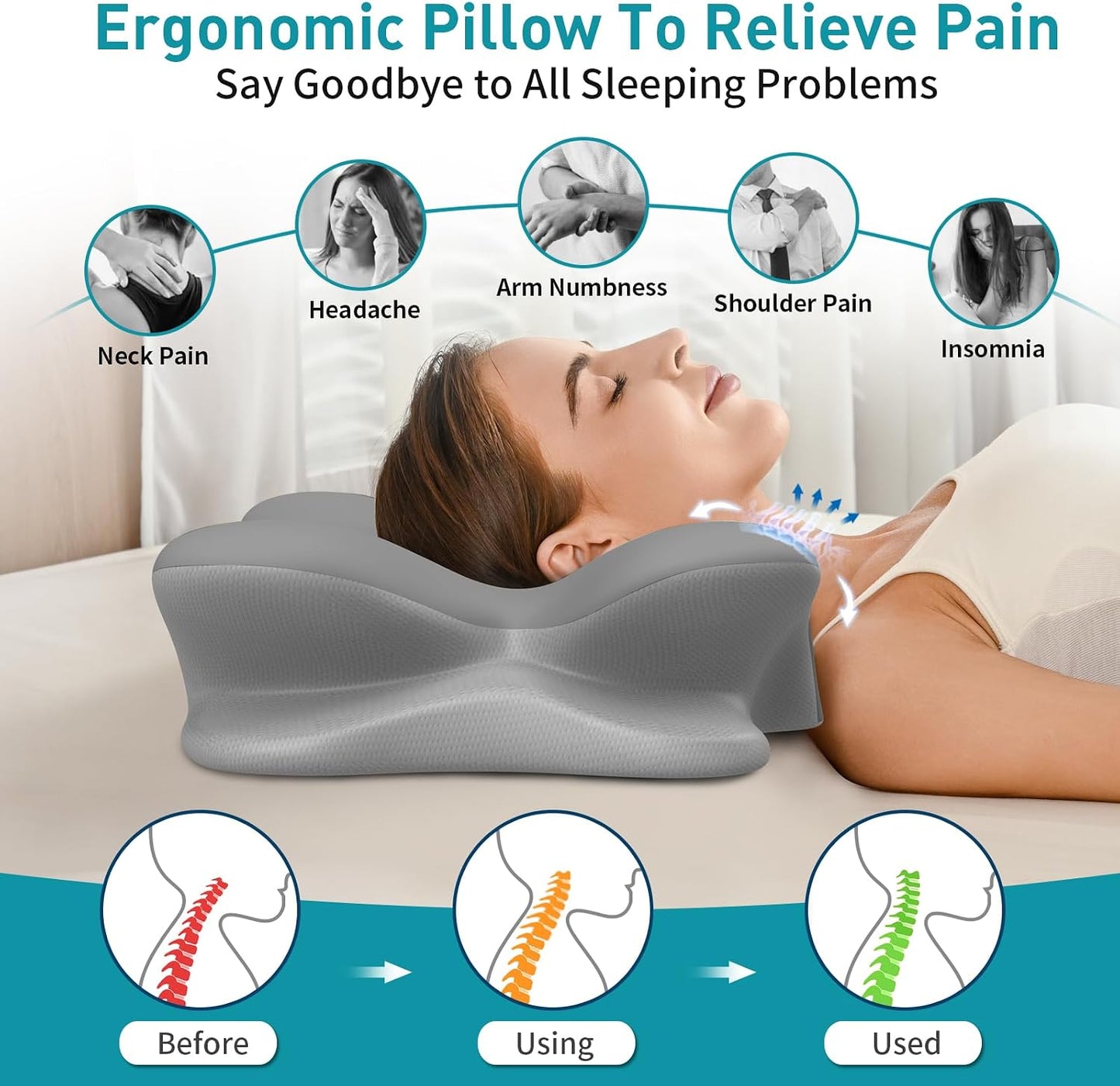 Cervical Pillow for Neck Pain Relief, Ergonomic Neck Pillow for Sleeping, Contour Pillow for Neck Support, Memory Foam Pillows for Reading & Bed Rest Pillows for Side Back Stomach Sleepers(White&Grey)