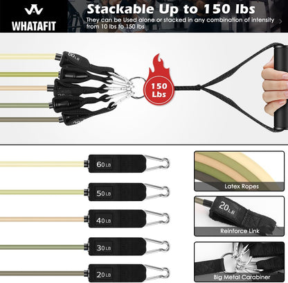 WHATAFIT Resistance Bands, Exercise Bands, Workout Bands with Handles, Door Anchor and Ankle Straps, 5 Resistance Levels Fitness Bands for Strength Training, Physical Therapy, and Home Gym Equipment