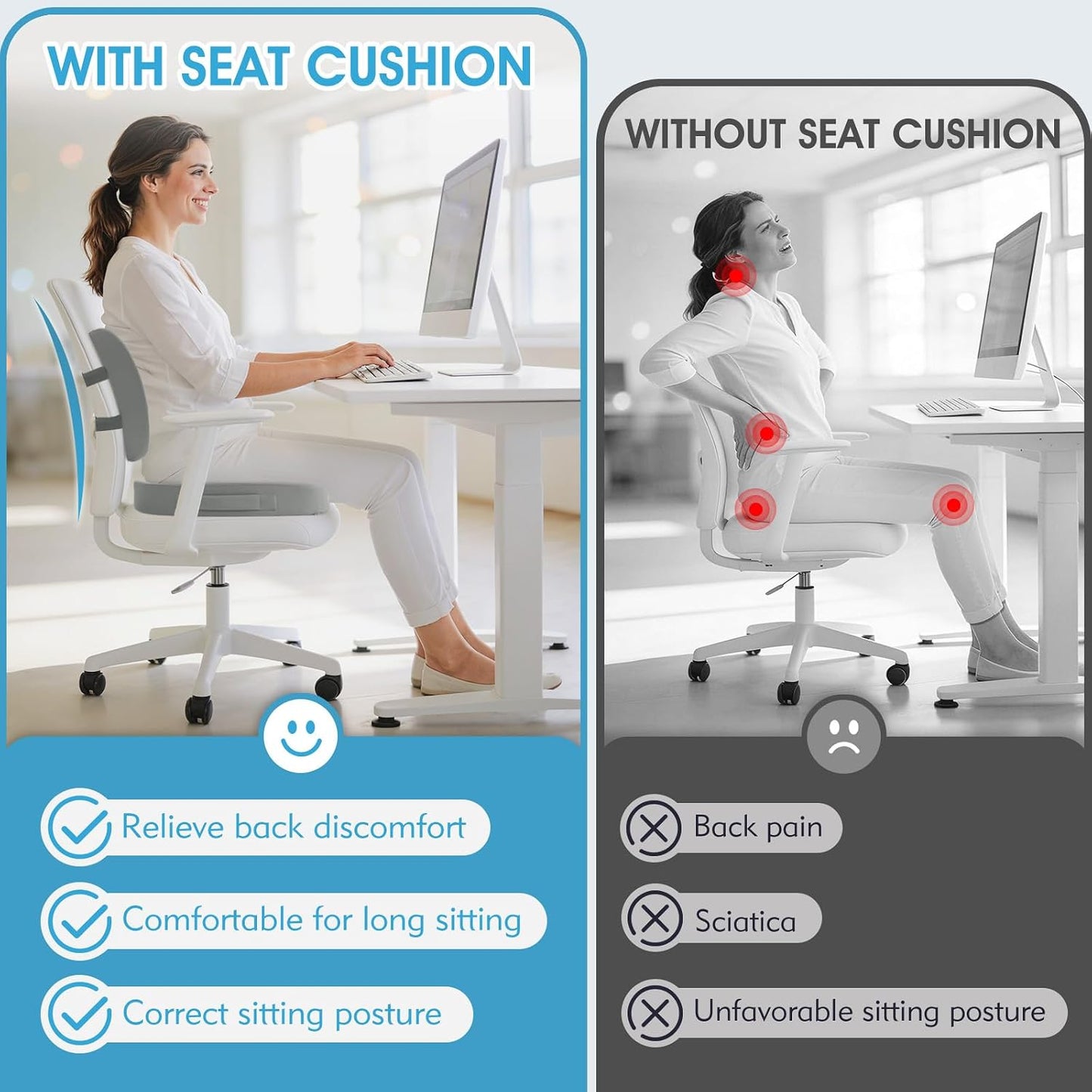 CushZone Ergonomic Seat Cushion & Lumbar Support Pillow - Memory Foam for Sciatica Pain Relief & Posture Correction, Non-Slip Chair Cushions for Office Chair/Car/Wheelchair/Travel (Black)
