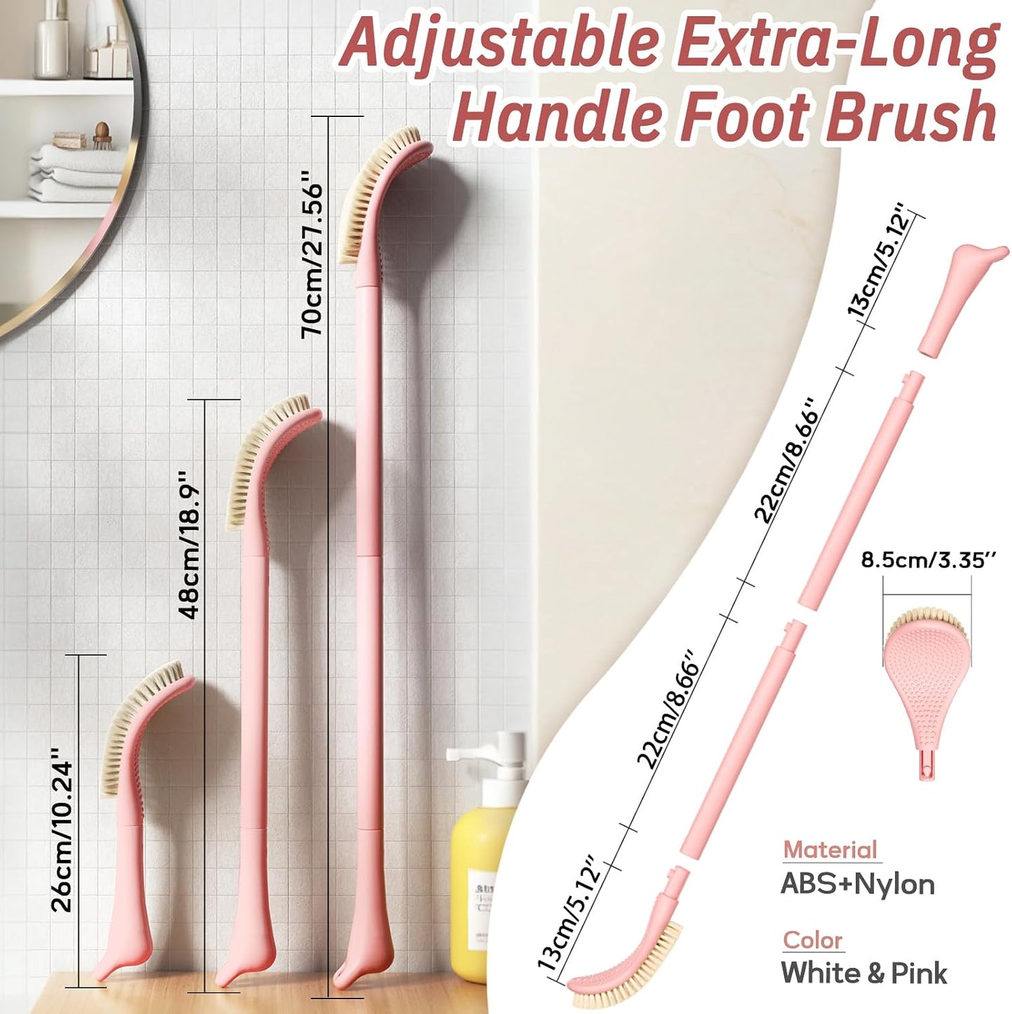 New Foot Brush with Adjustable Long Handle, 3-in-1 Foot Scrubber for Wet or Dry Brushing, 10.2’’- 27.5’’ Foot Scrub Brush for Senior, Pregnant, Disabled, or Injured, Gift-Box Packed(White)