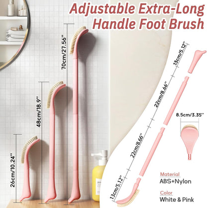 New Foot Brush with Adjustable Long Handle, 3-in-1 Foot Scrubber for Wet or Dry Brushing, 10.2’’- 27.5’’ Foot Scrub Brush for Senior, Pregnant, Disabled, or Injured, Gift-Box Packed(White)