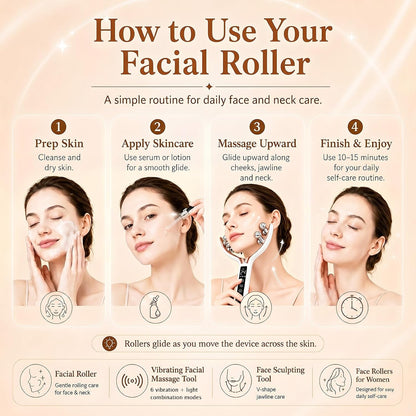 Wireless Face Massager Tool, 8-Roller 3D Face Roller for Women, LED Facial Massager,V-Shape Face Sculpting Tool for Jawline, 6 Light & Vibration Modes, USB-C Rechargeable